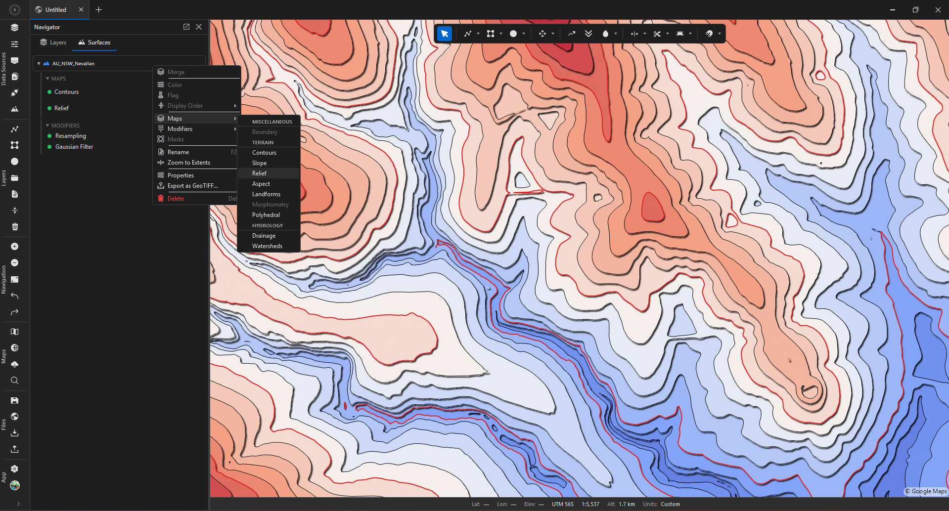R.EARTH surface maps — contours, relief, slope and context menu