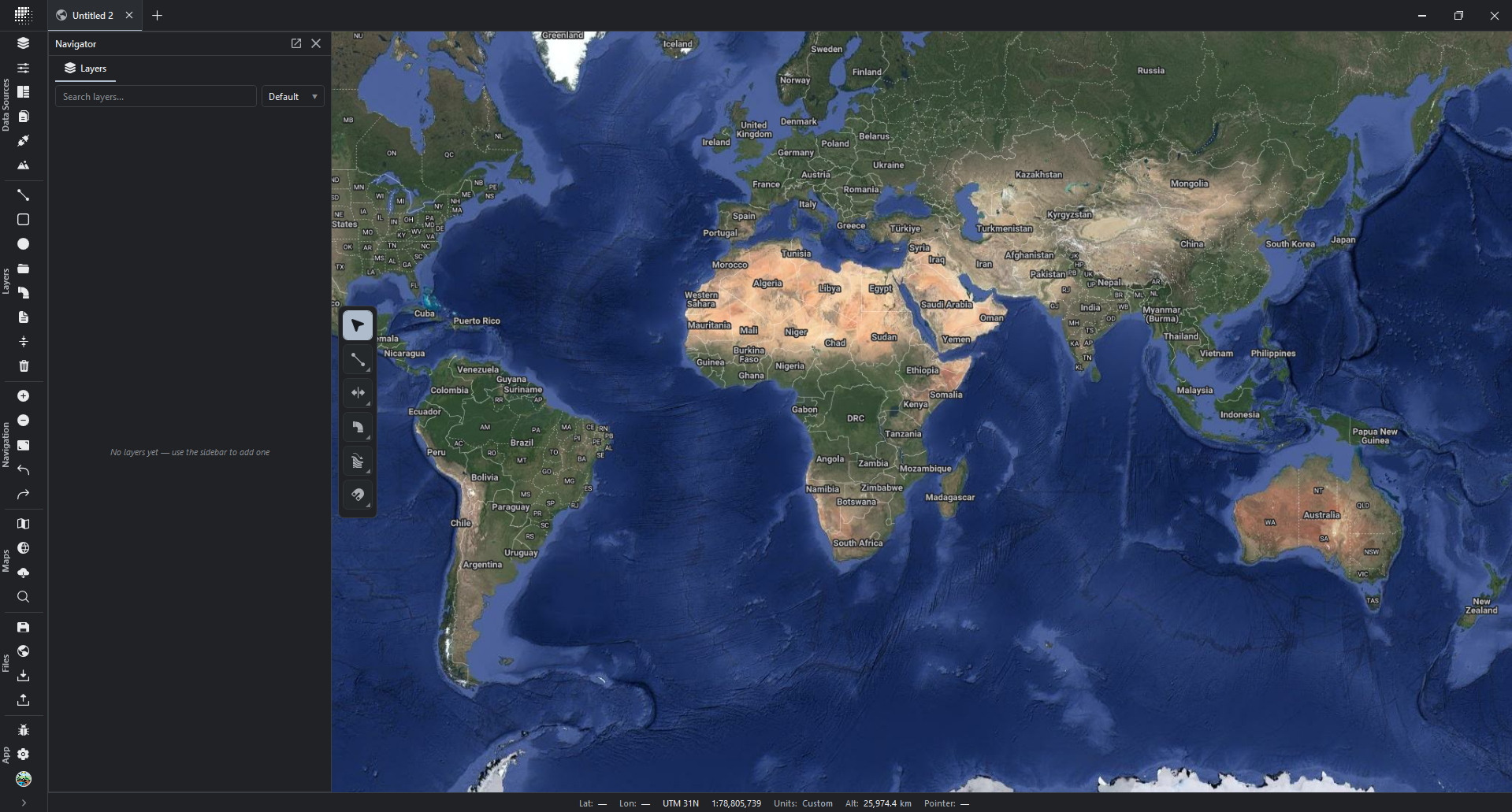 R.EARTH default screen — world satellite view with navigator panel