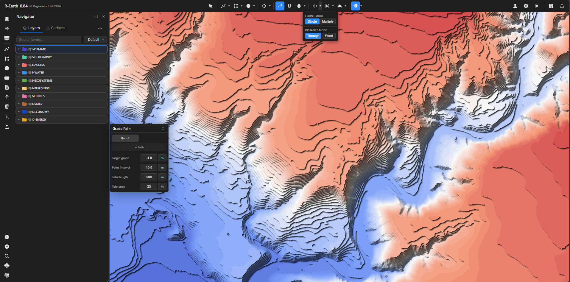 R.EARTH pipe network over terrain with per-pipe table