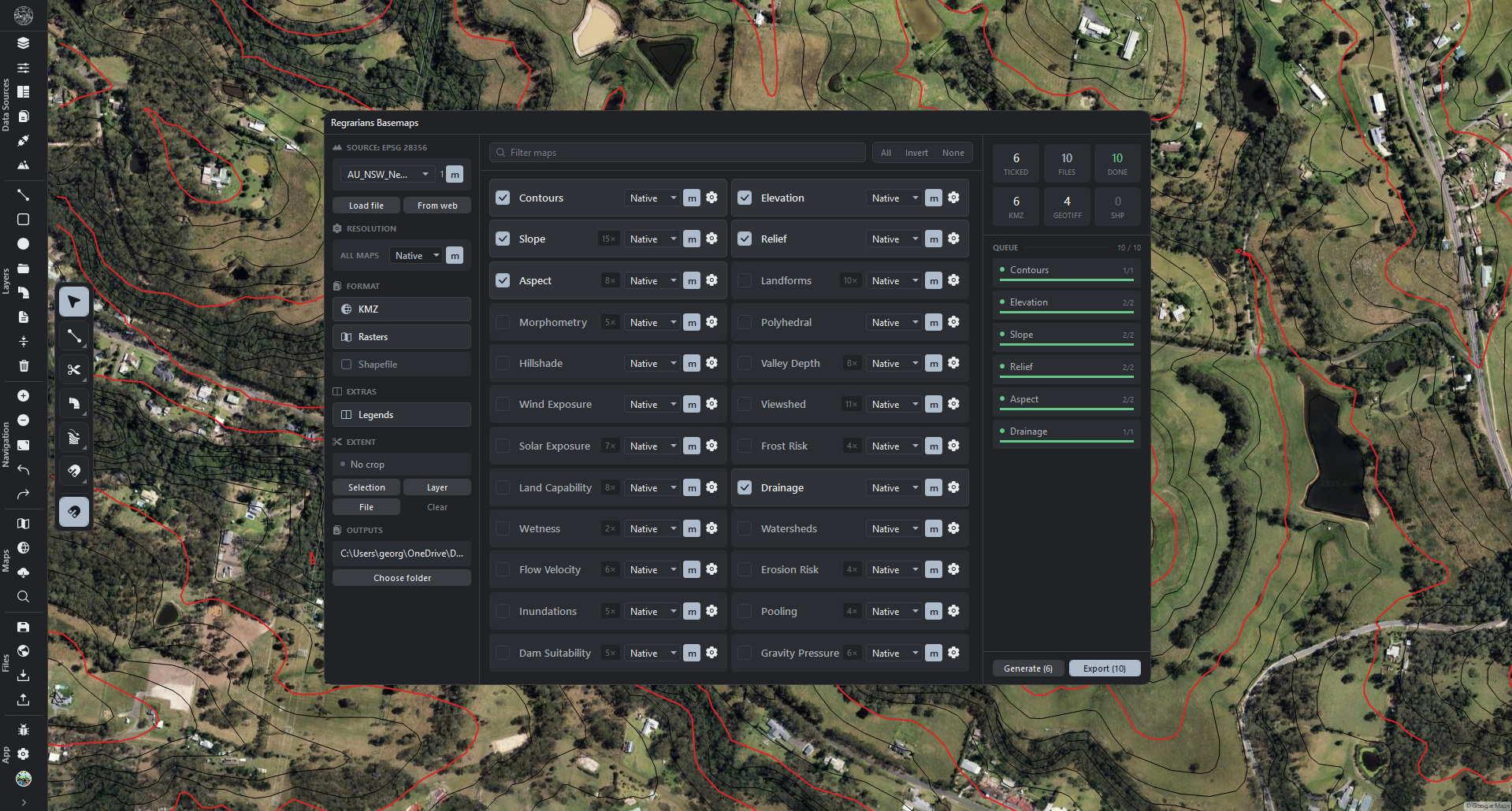 R.EARTH Regrarians Basemaps panel with the map grid, export queue and output settings