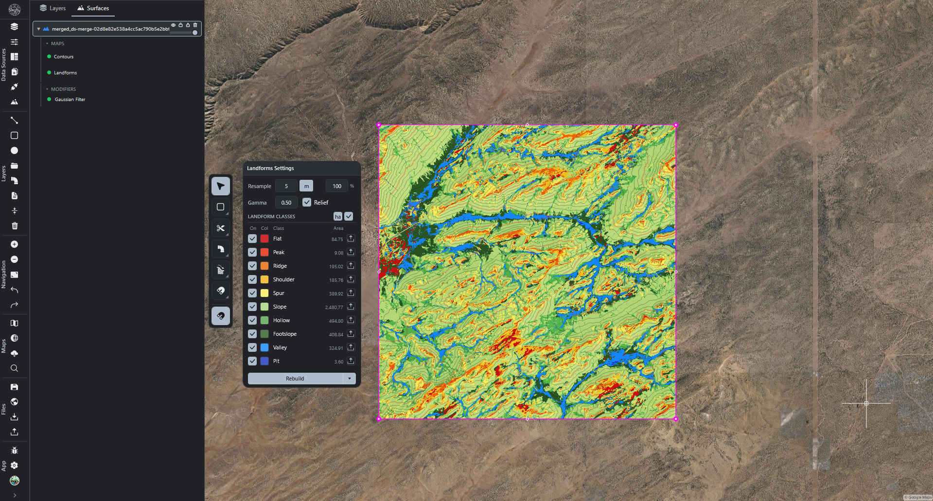 R.EARTH Landforms map generated from a downloaded elevation surface
