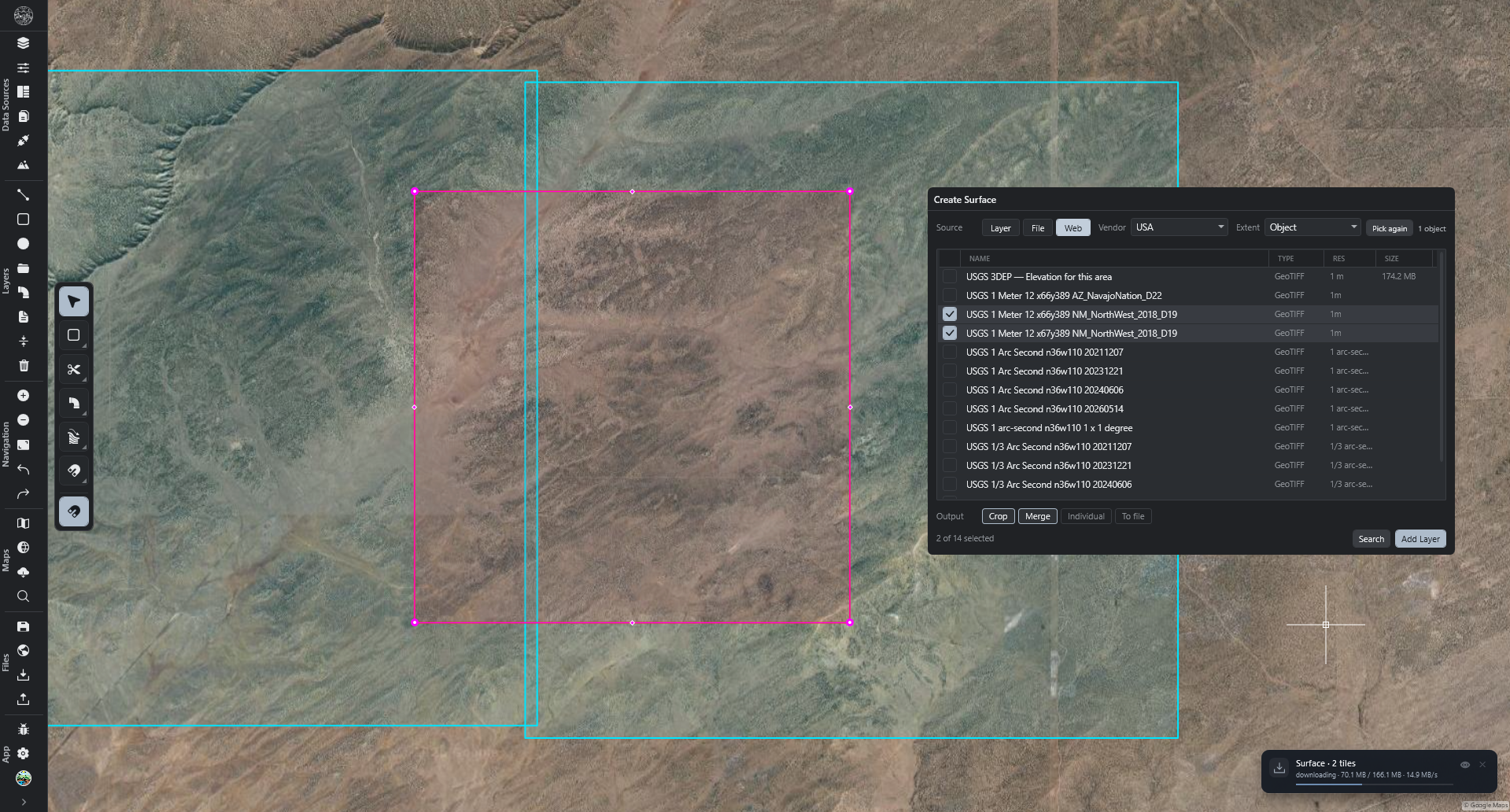 R.EARTH Create Surface dialog listing USGS elevation sources for a drawn area