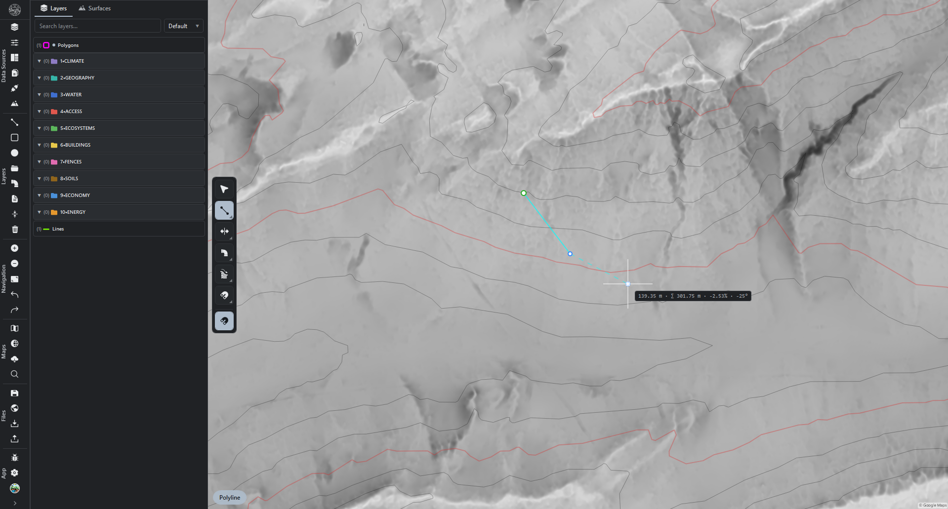 R.EARTH cursor readout showing segment length, running total, slope and bearing while drawing