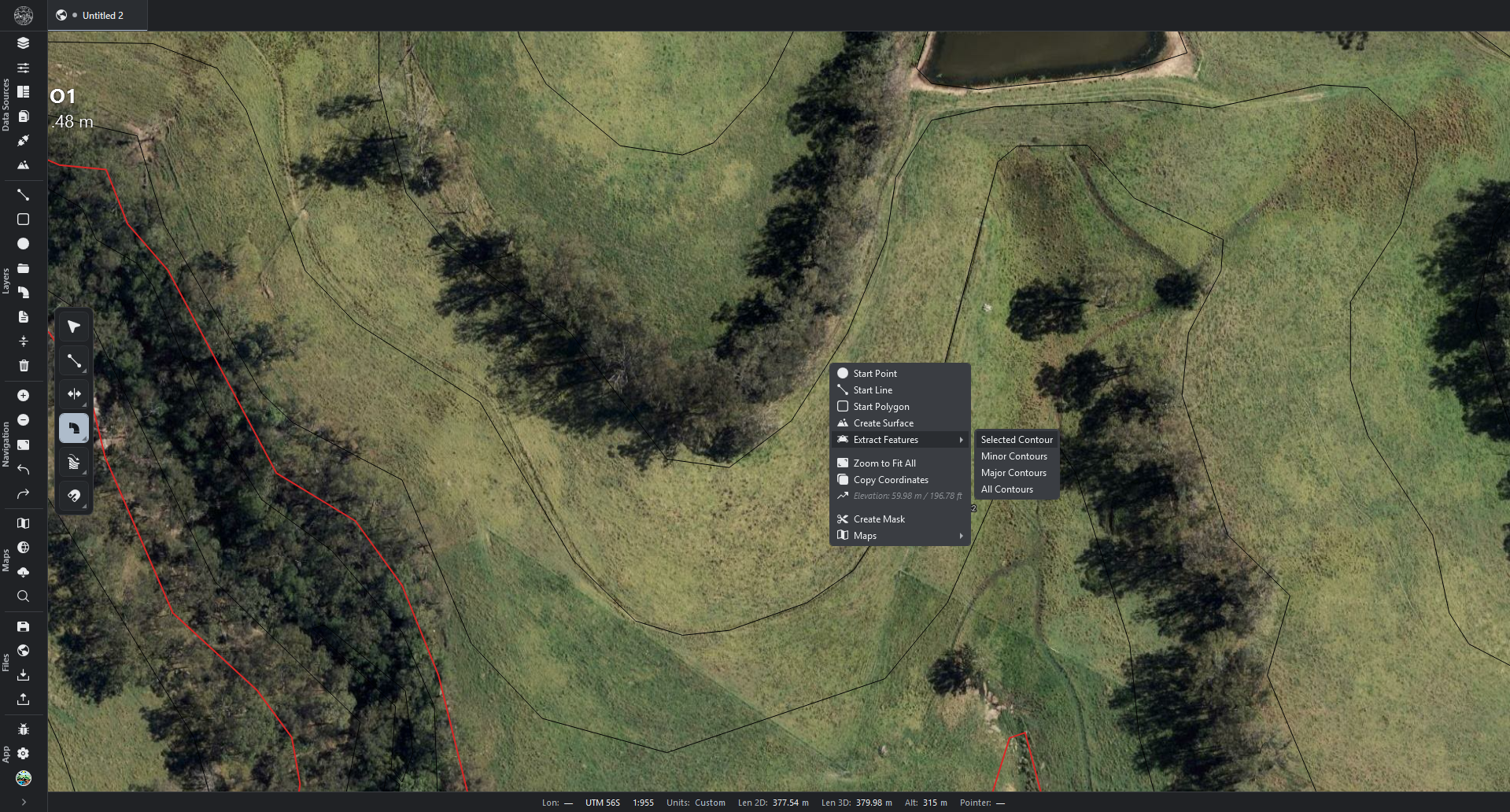 R.EARTH map right-click menu with the Extract Features contour submenu open