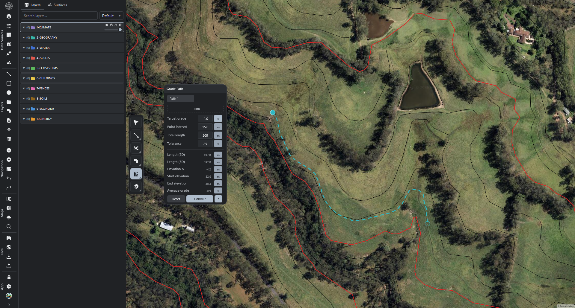 R.EARTH Grade Path tracing a path at a target gradient across contoured terrain