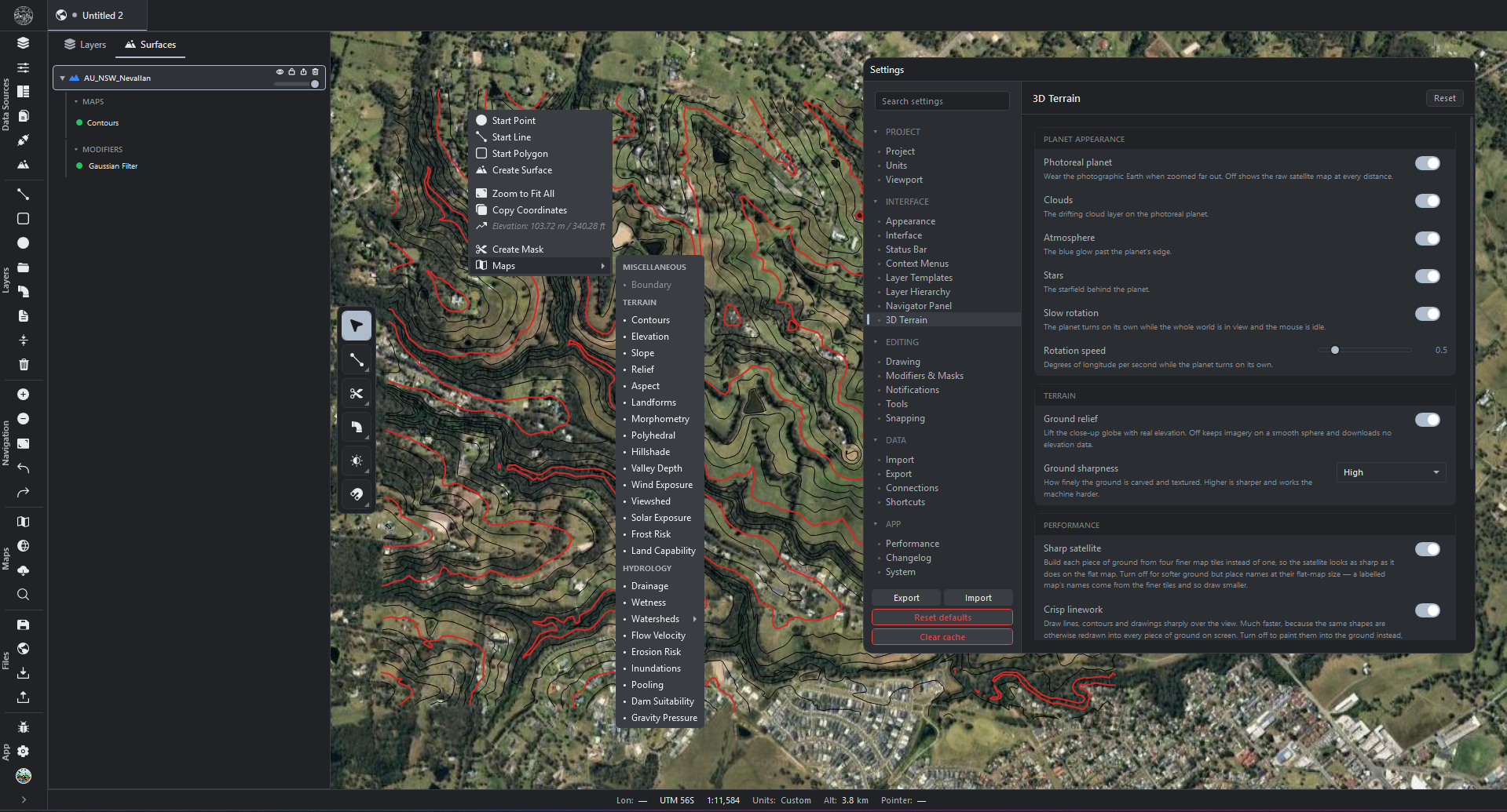 R.EARTH interface with the Maps menu and 3D Terrain settings open