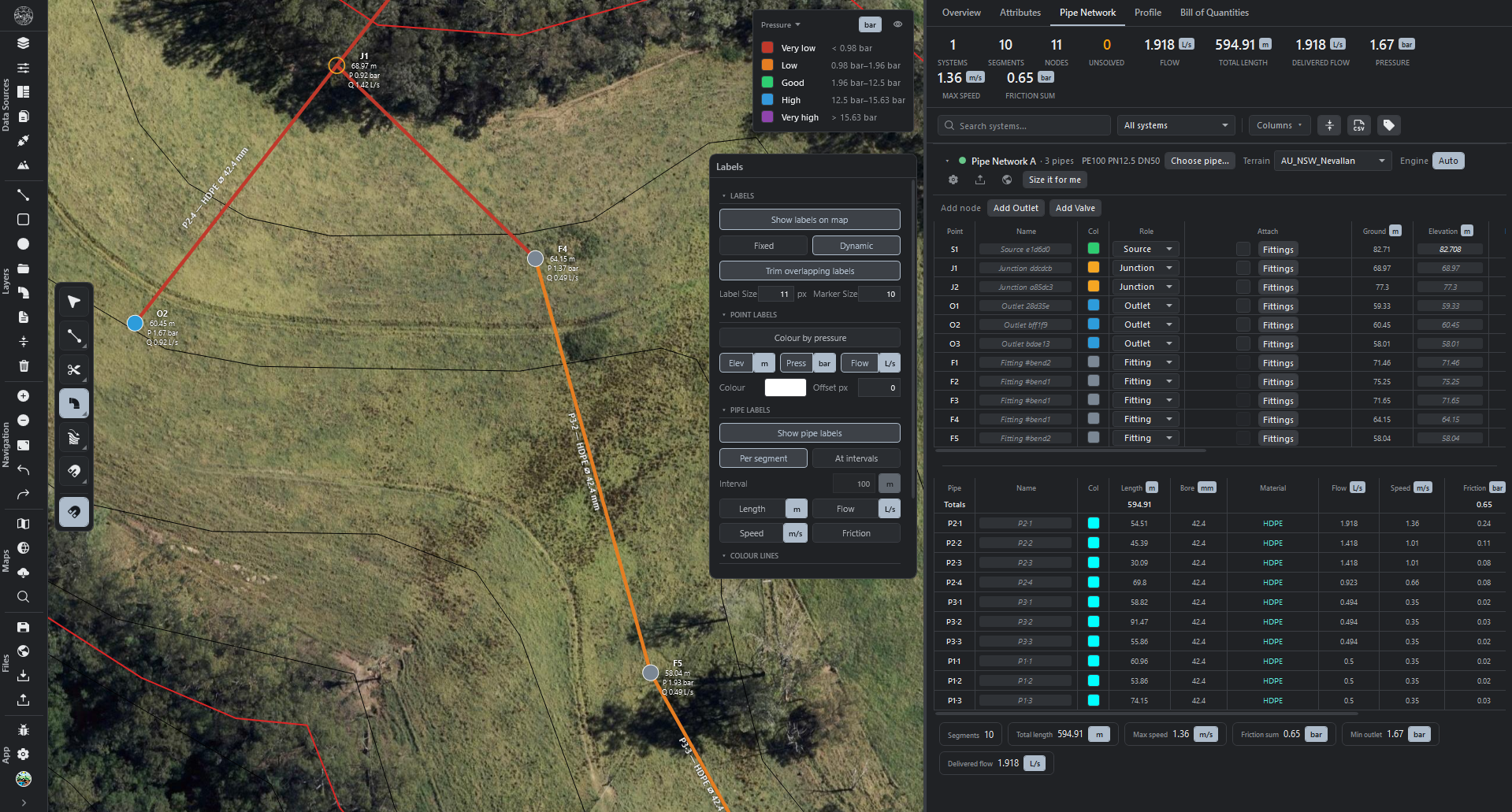 R.EARTH pipe network on the map with pressure legend and label controls
