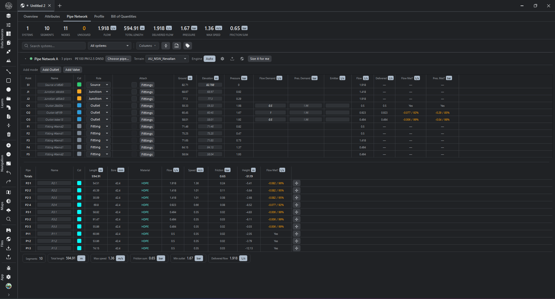 R.EARTH Pipe Network tab with node and pipe tables