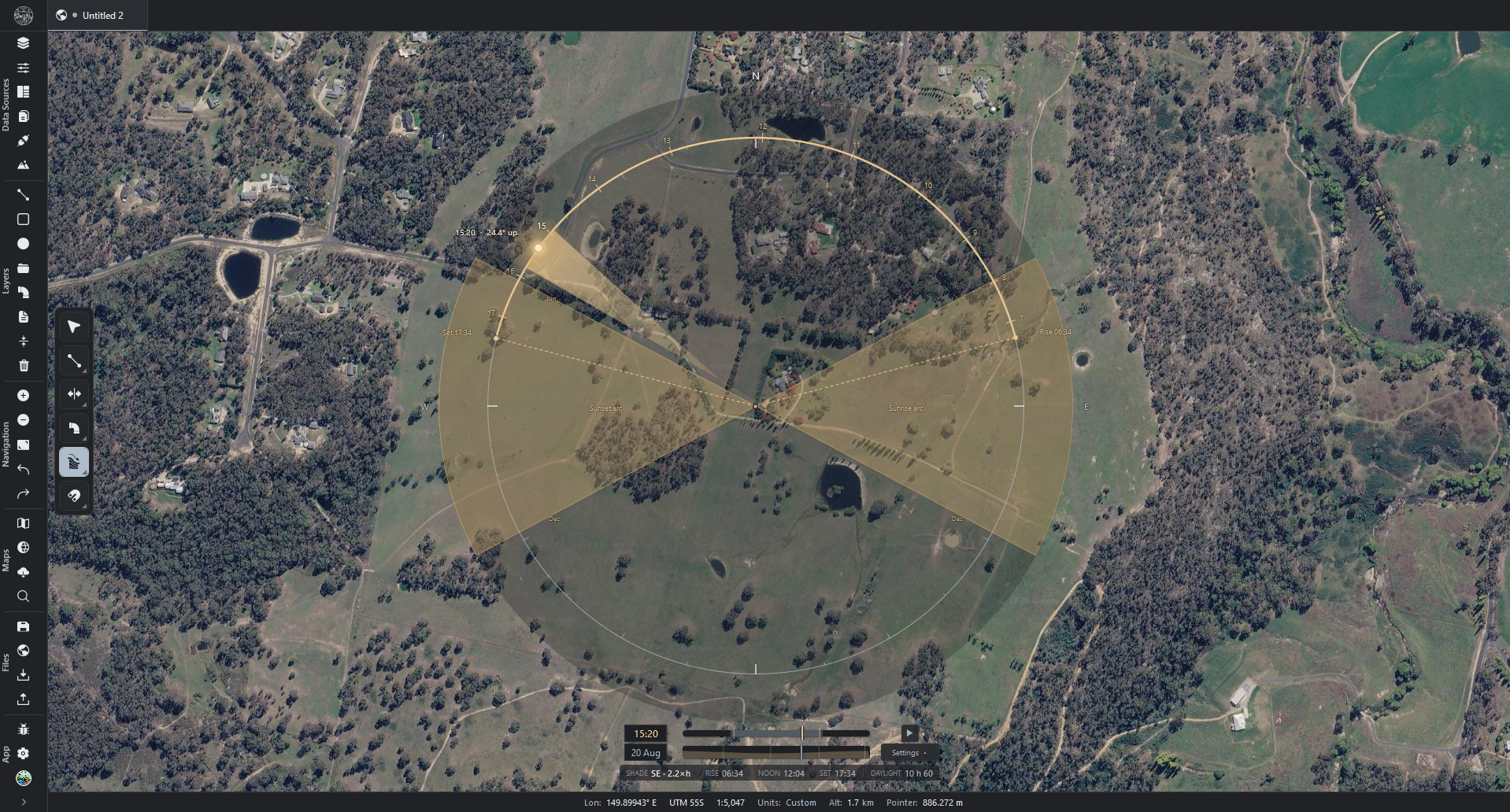 R.EARTH Sun Dial showing the sun path, sunrise and sunset arcs over a site
